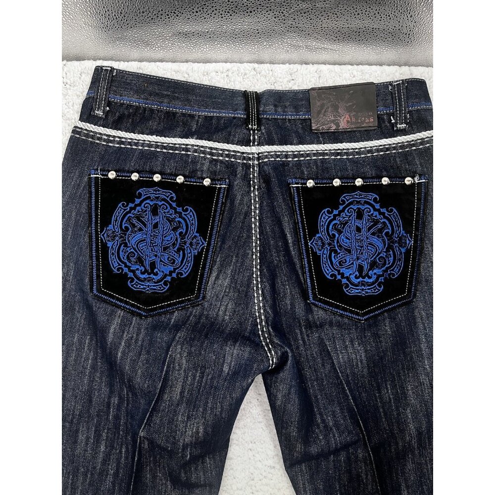 Men's Ak:Cess Akcess Dark Wash Baggy Y2K Embellished Denim Jeans Size 36x32 - Picture 13 of 16